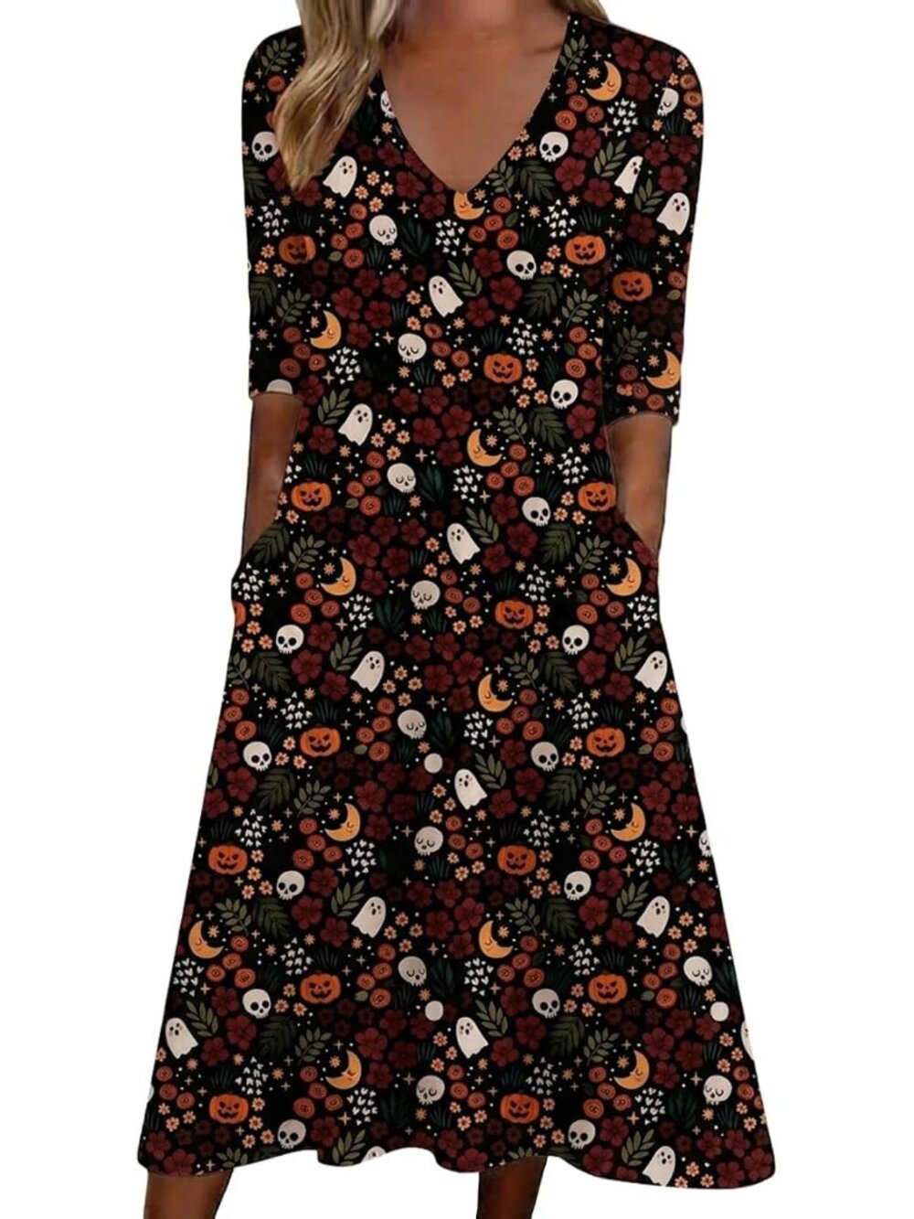 🎃Women's Black V Neck Pumpkin Genie Witch Fall 3/4 Sleeve Halloween Shirt Dress